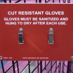 Sign for sanitizing cut-resistant gloves procedures.