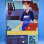 Safety poster with a healthcare worker illustration.